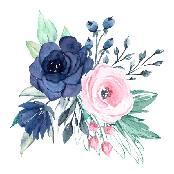 Όμορφα Λουλούδια Ακουαρέλα Βοτανική Σύνθεση Για Γάμο Ευχετήρια Κάρτα — Φωτογραφία Αρχείου