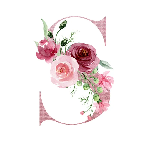 Watercolor Art Painting Letter Flowers Leaves Floral Alphabet — 스톡 사진