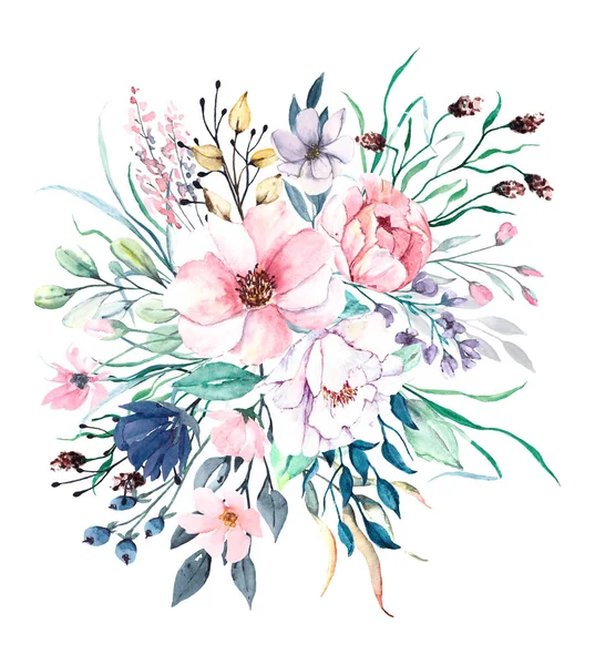 Suluboya resim, beyaz arka planda güzel bahar çiçekleri, çiçek konsepti