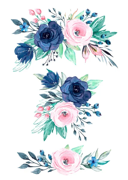 Floral collection with watercolor flowers, set of colorful bouquets