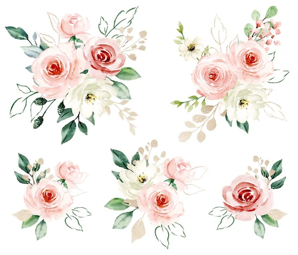 Floral collection with watercolor flowers, set of colorful bouquets