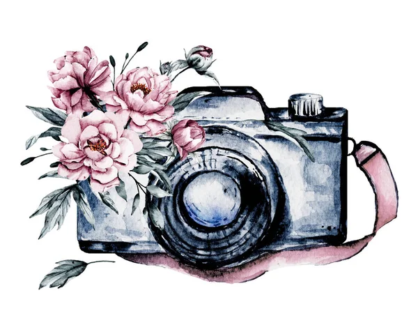 Camera Met Bloemen Schets Aquarel Met Hand Schilderen Geïsoleerd Witte — Stockfoto