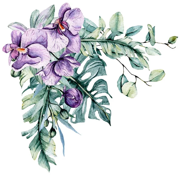 Çiçek çerçeveli suluboya çerçeve kenarı yazı için, elle boyanmış. Beyaz arkaplanda izole.