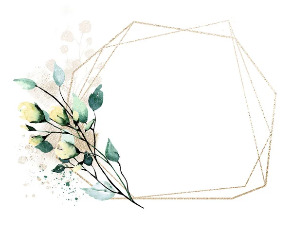 Borda Moldura Ouro Floral Com Flores Aquarela Perfeitamente Para Casamento — Fotografia de Stock