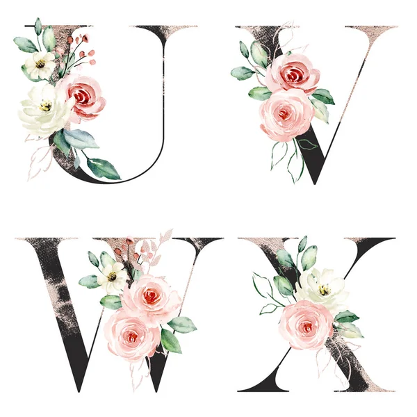 Beautiful Letters Set Flowers Leaves Watercolor Painting — 스톡 사진
