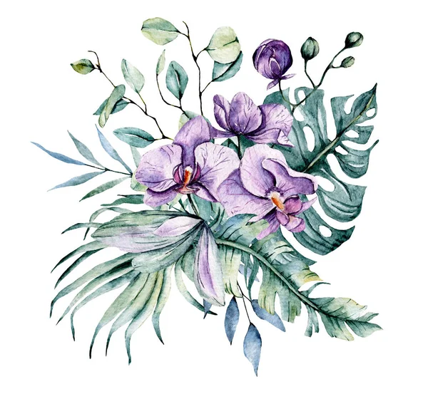 Yapraklı suluboya çiçekler, çiçek boyama konsepti.