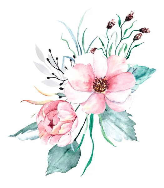Akvarell Festészet Gyönyörű Tavaszi Virágok Meg Fehér Háttér Virágos Koncepció — Stock Fotó