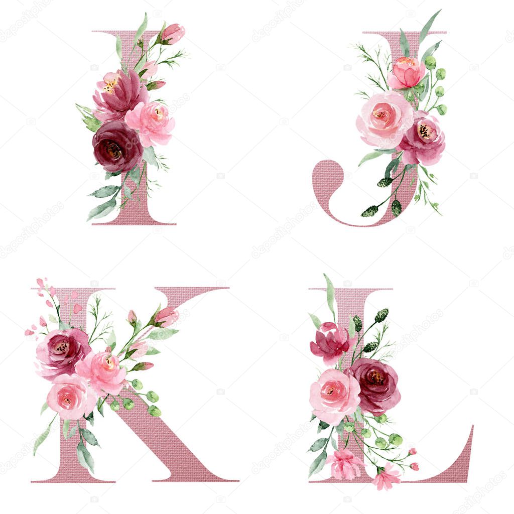 Floral alphabet, letters I, J, K, L, creative watercolor art painting