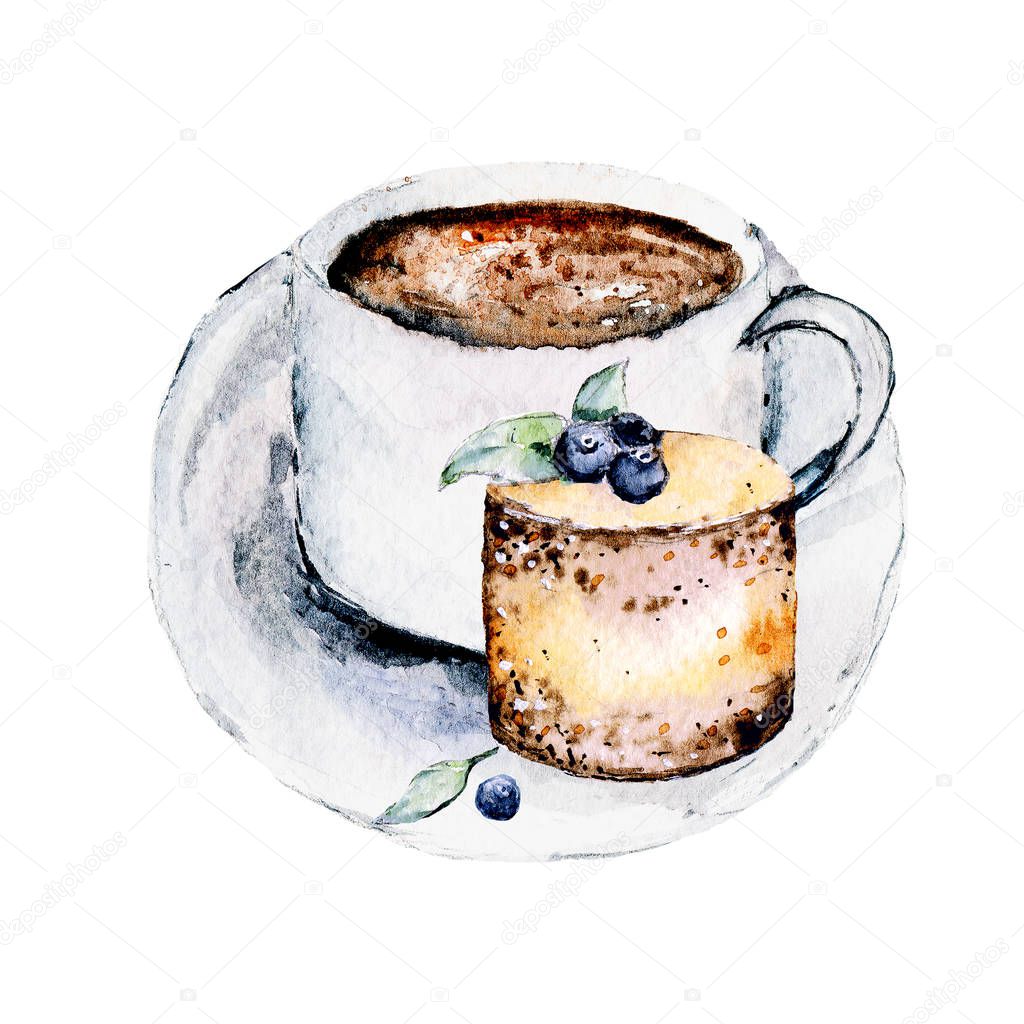 Cupcake and coffee cup. Sketch watercolor hand painting, isolated on white background.