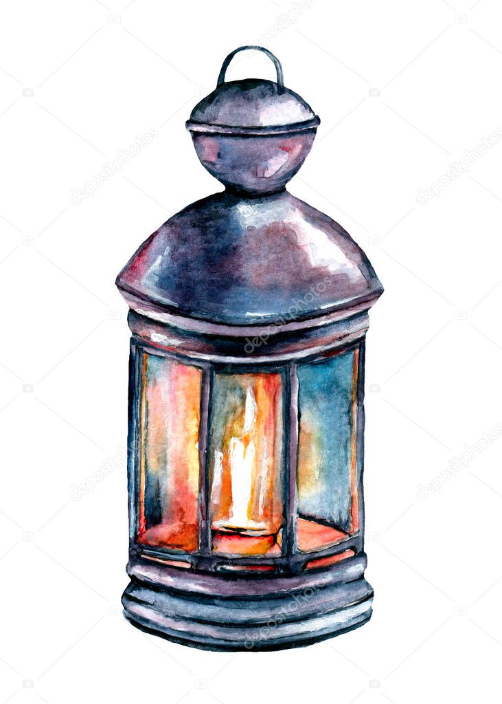 Watercolor lantern with candle isolated on white background. Holiday vintage concept, hand drawing.