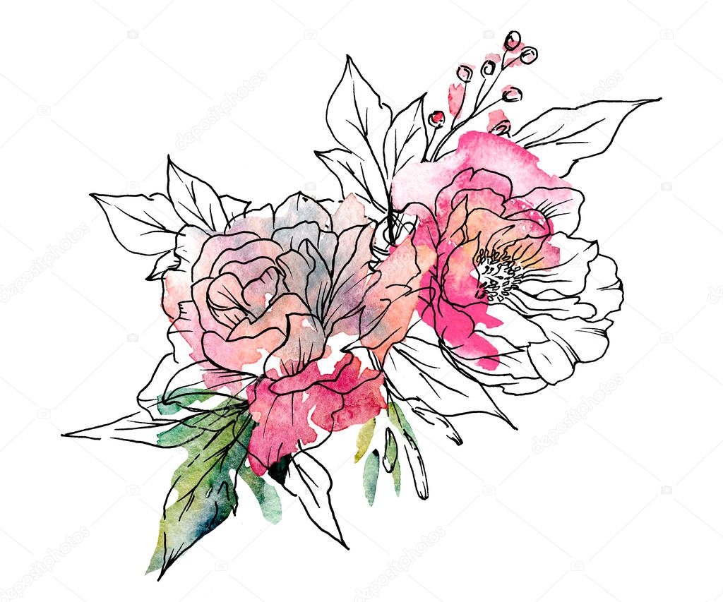 watercolor bouquet, line art with floral elements