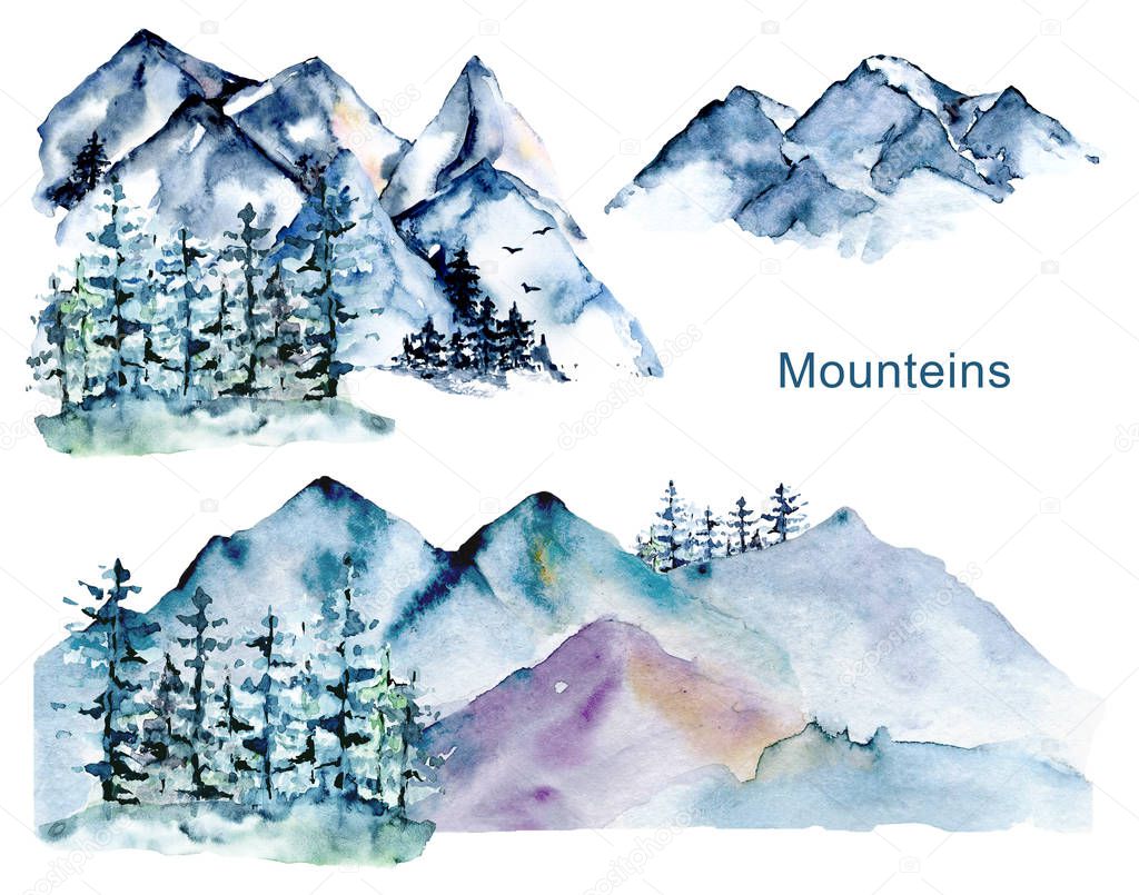 set of watercolor drawing concept with snowy mountains and trees 