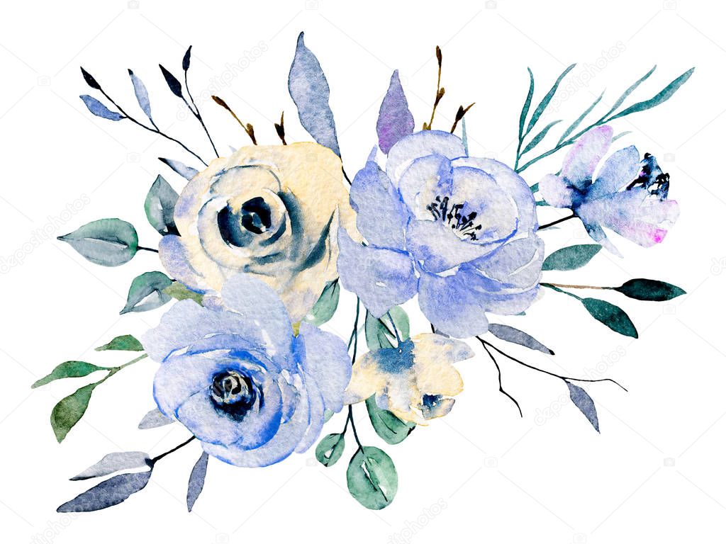 Watercolor flowers, floral bouquet for greeting card, invitation and other printing design. Isolated on white. Hand drawing.