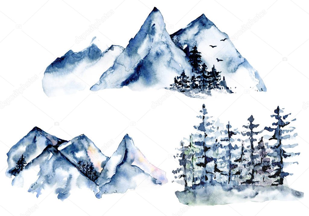 watercolor drawing concept with snowy mountains and trees 