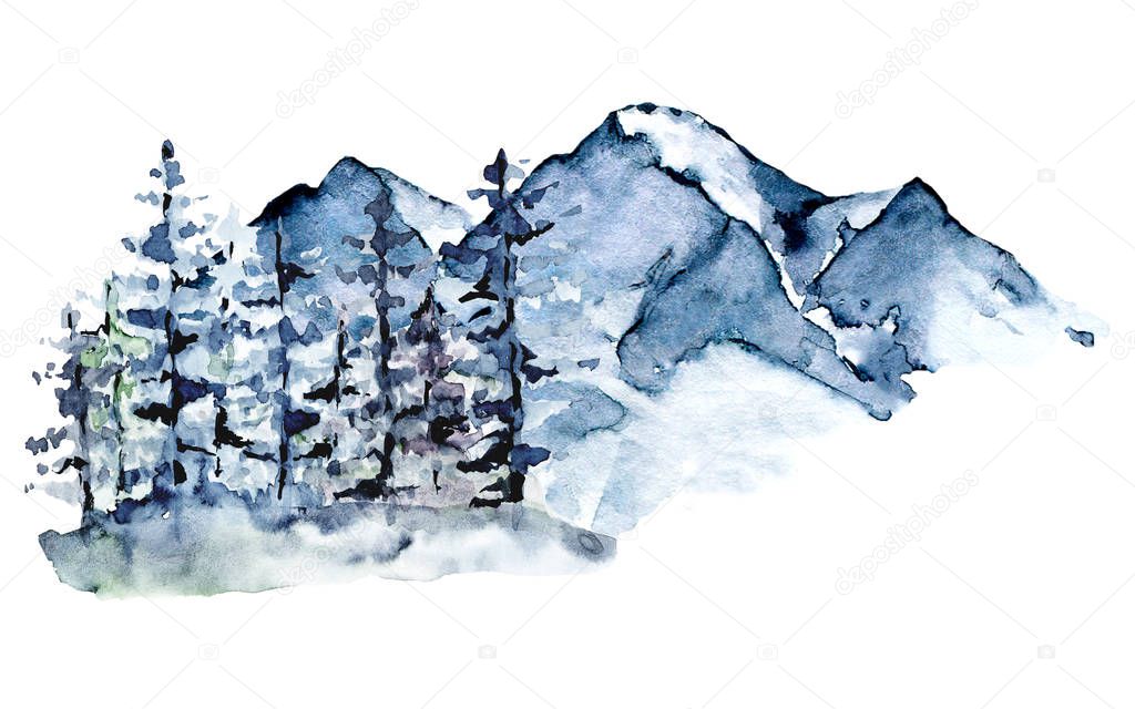 watercolor drawing concept with snowy mountains and trees 