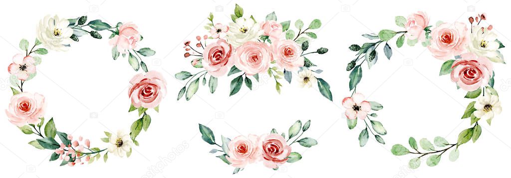 Watercolor painting vintage floral trendy set of wreaths