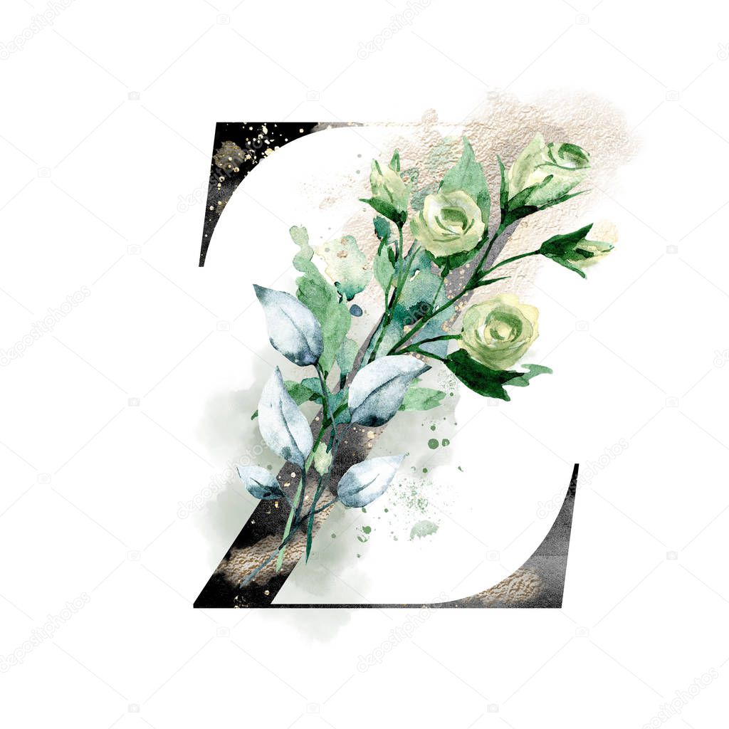 floral alphabet, watercolor art painting, letter V with flowers and leaves