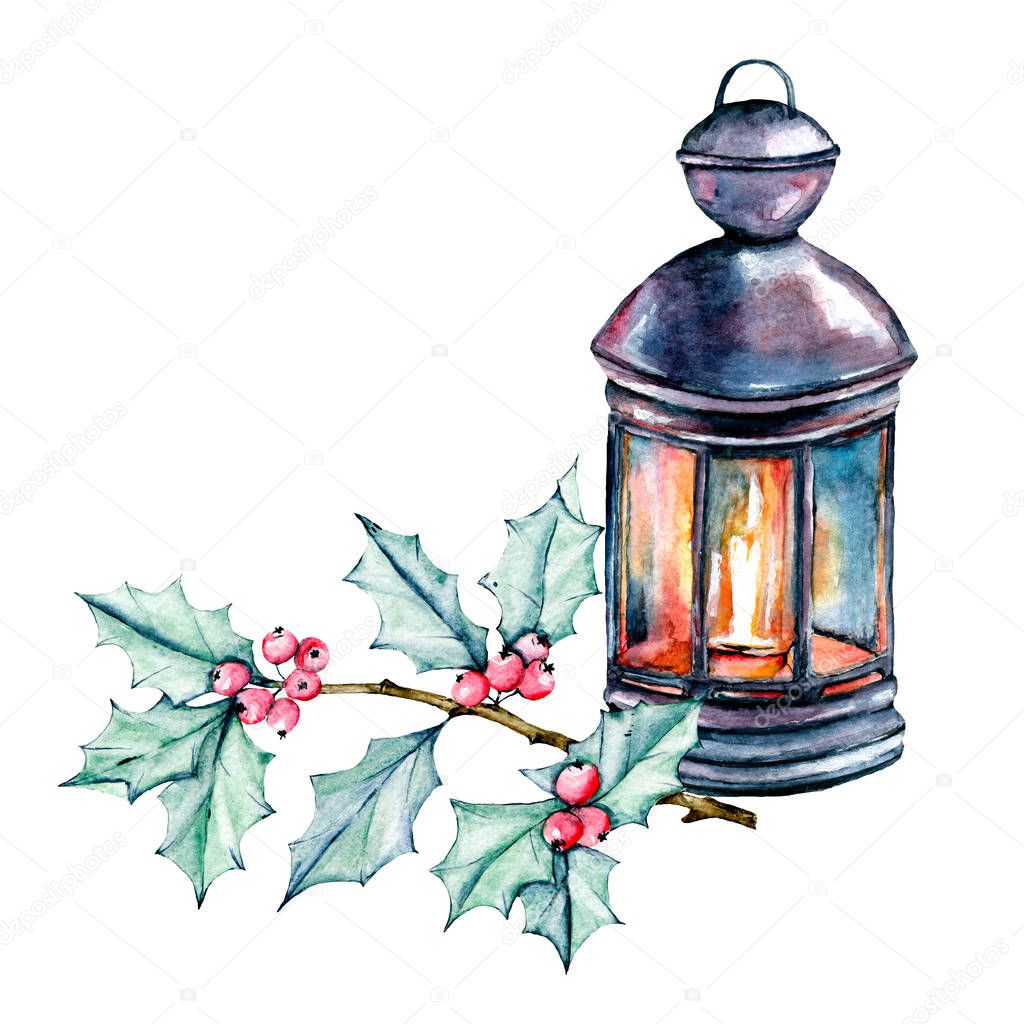 Christmas card. Watercolor hand painted holiday with holly, red berries, lantern, candle, candlestick isolated on white background.
