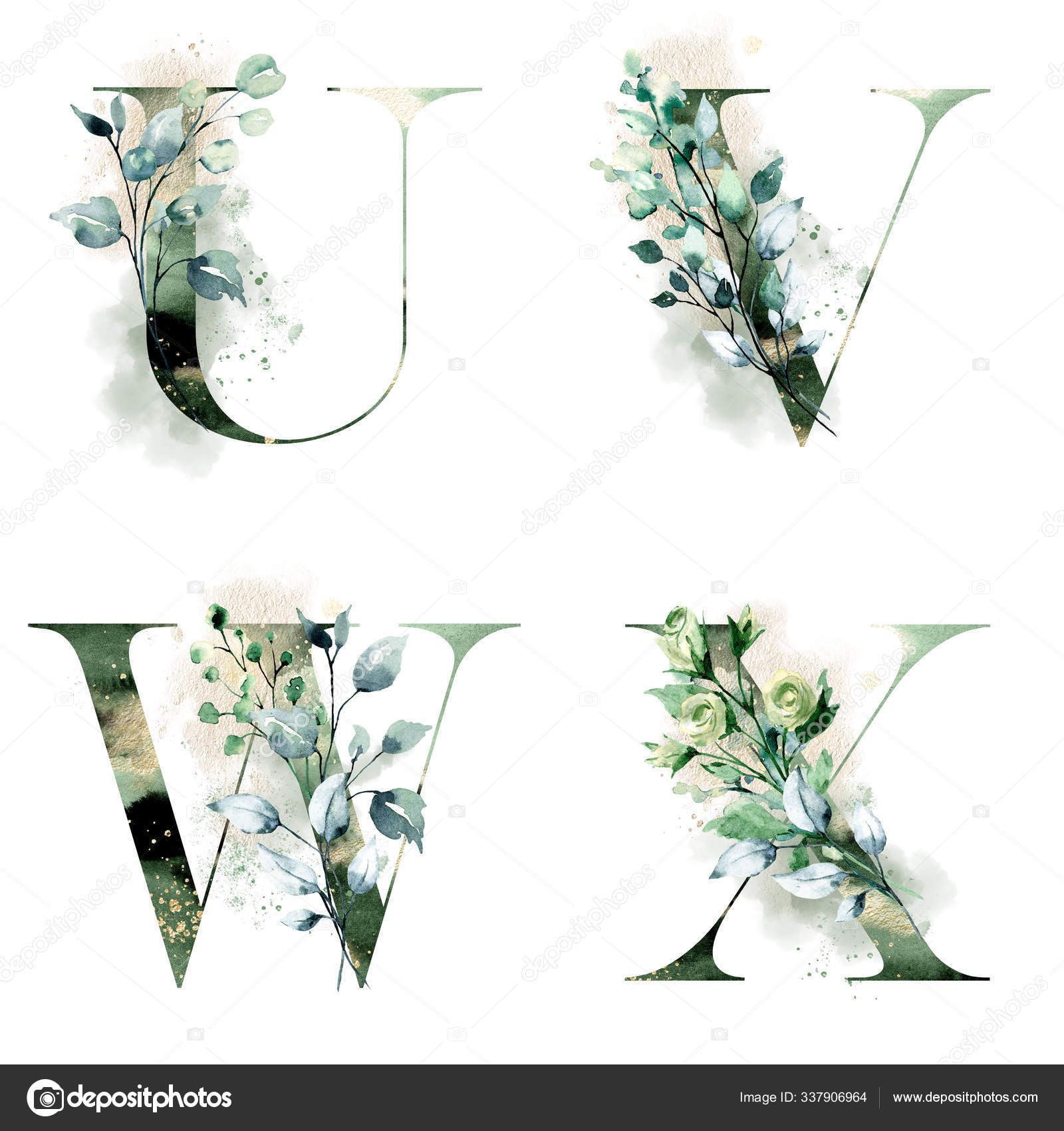 Floral Watercolor Alphabet. Monogram Initial Letter U Design With
