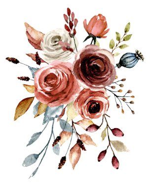 Yapraklı suluboya çiçekler, çiçek boyama konsepti.