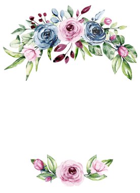 Çiçeksel çerçeve sınır tasarımı, suluboya boya çiçek ve yapraklar