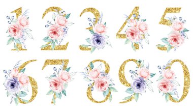 numbers set with watercolor art painting elements on white background