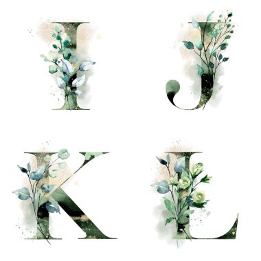 Çiçek alfabesi, I, J, K, L harfleri, yaratıcı suluboya resim.