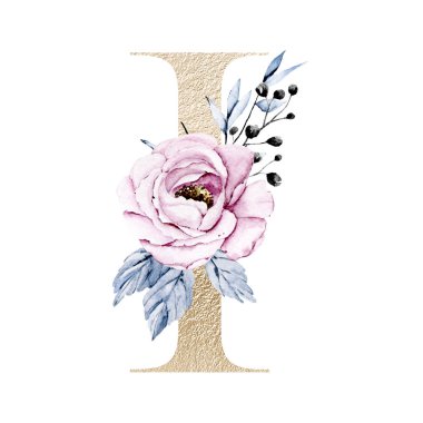 Şirin suluboya resim, çiçekli ve yapraklı I harfi, beyaz arkaplanda çiçek alfabesi.