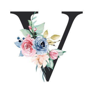 floral monogram, letter V watercolor painting with flowers and leaves