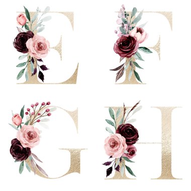 Çiçek alfabesi, E, F, G, H harfleri, yaratıcı suluboya resim.