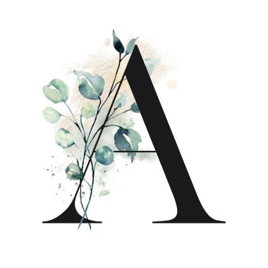 El çizimi suluboya resim, büyük harf A ve çiçek elementleri.