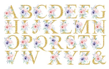 alphabet with floral elements, art watercolor painting letters with flowers and leaves