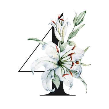 Çiçekli ve yapraklı 4 numaralı yaratıcı resim, elle çizilmiş suluboya resim