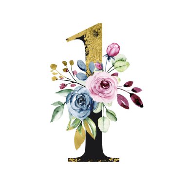 number 1 on white background, with flowers and leaves made with watercolor, floral monogram