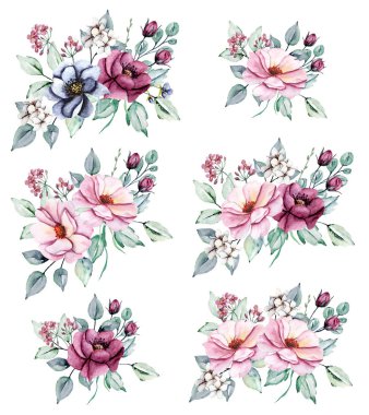 Floral collection with watercolor flowers, set of colorful bouquets