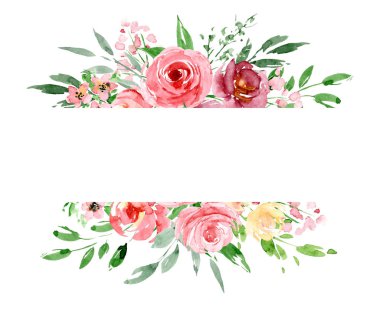 Floral frame border with flowers watercolor art painting, greeting card template