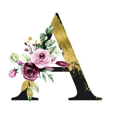 El çizimi suluboya resim, büyük harf A ve çiçek elementleri.