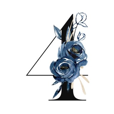 beautiful art painting design with flowers and number 4 isolated on white background