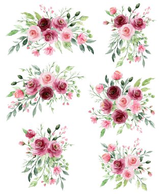 Floral collection with watercolor flowers, set of colorful bouquets