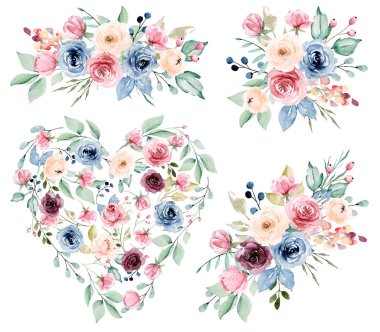 Suluboya seti, çiçek buketleri, çelenkler, beyaz renkte izole edilmiş.