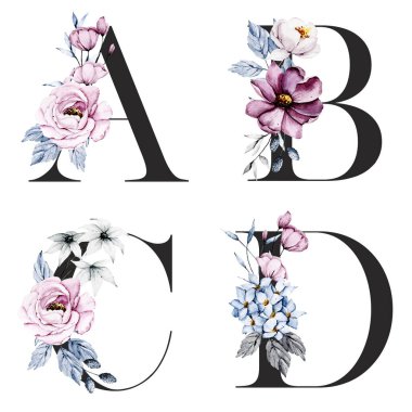 Çiçek alfabesi, A, B, C, D harfleri, yaratıcı suluboya resim