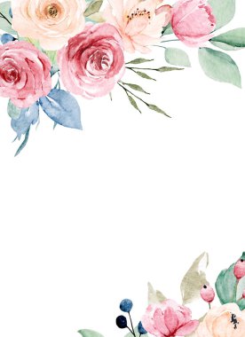 Çiçeksel çerçeve sınır tasarımı, suluboya boya çiçek ve yapraklar