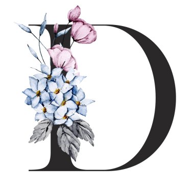 suluboya resim, çiçek ve yapraklı D harfi, çiçek alfabesi.