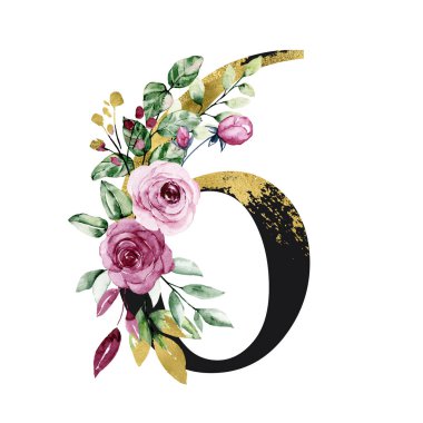 number 6 on white background, with flowers and leaves made with watercolor, floral monogram