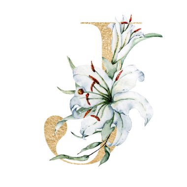 Çiçek alfabesi, çiçek ve yapraklarla süslenmiş J harfi, suluboya resim.