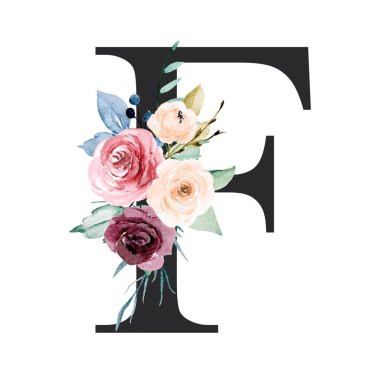 floral monogram, letter F watercolor painting with flowers and leaves