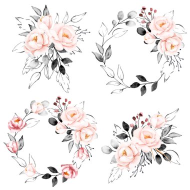 Bir dizi suluboya çiçek çizimi, klasik dekorasyon.