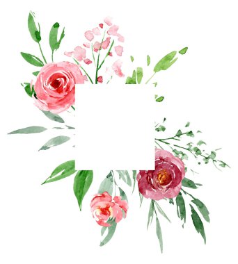 Floral frame border with flowers watercolor art painting, greeting card template