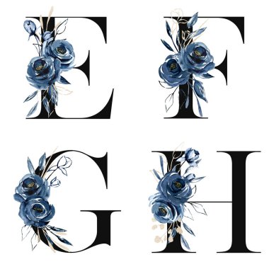 Çiçek alfabesi, E, F, G, H harfleri, yaratıcı suluboya resim.
