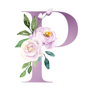 suluboya resim, çiçekli ve yapraklı P harfi, çiçek alfabesi.